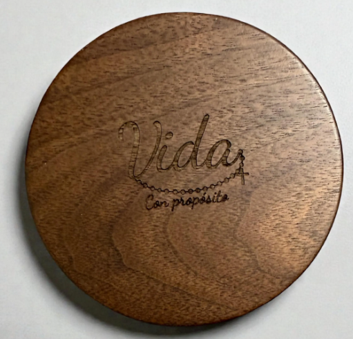 Engraved Marian Monogram Rosary Dish – Dark Brown Wood Catholic Gift