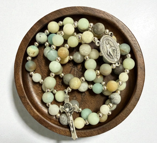 Engraved Marian Monogram Rosary Dish – Dark Brown Wood Catholic Gift